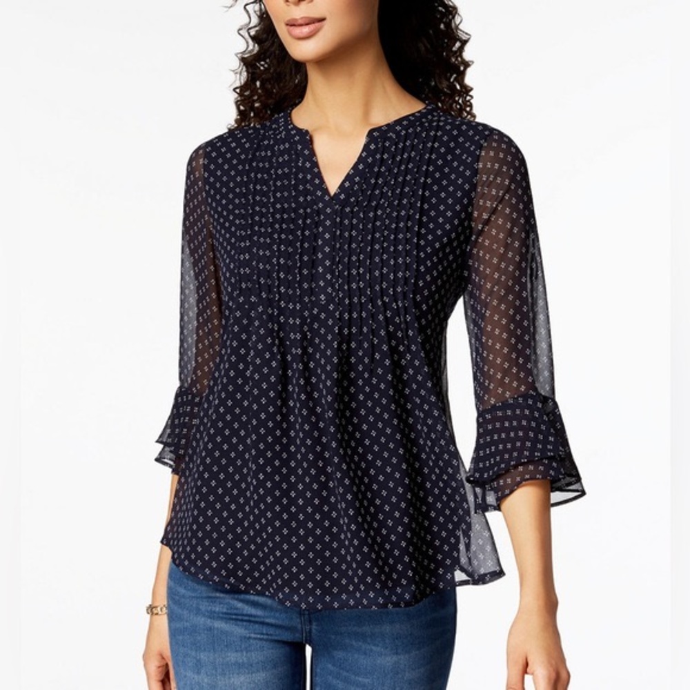 Navy & White, Printed Pin-tuck, Pendulum  Sleeves, Top, XL